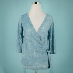 Soma Size Small Medium S M Blue Floral Print V Neck Wrap Tie Waist Silk Cardigan